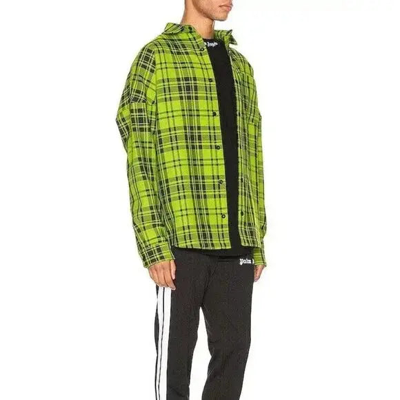Palm Angels Logo Overshirt 44 XS Mens Green & White Plaid Check NWT