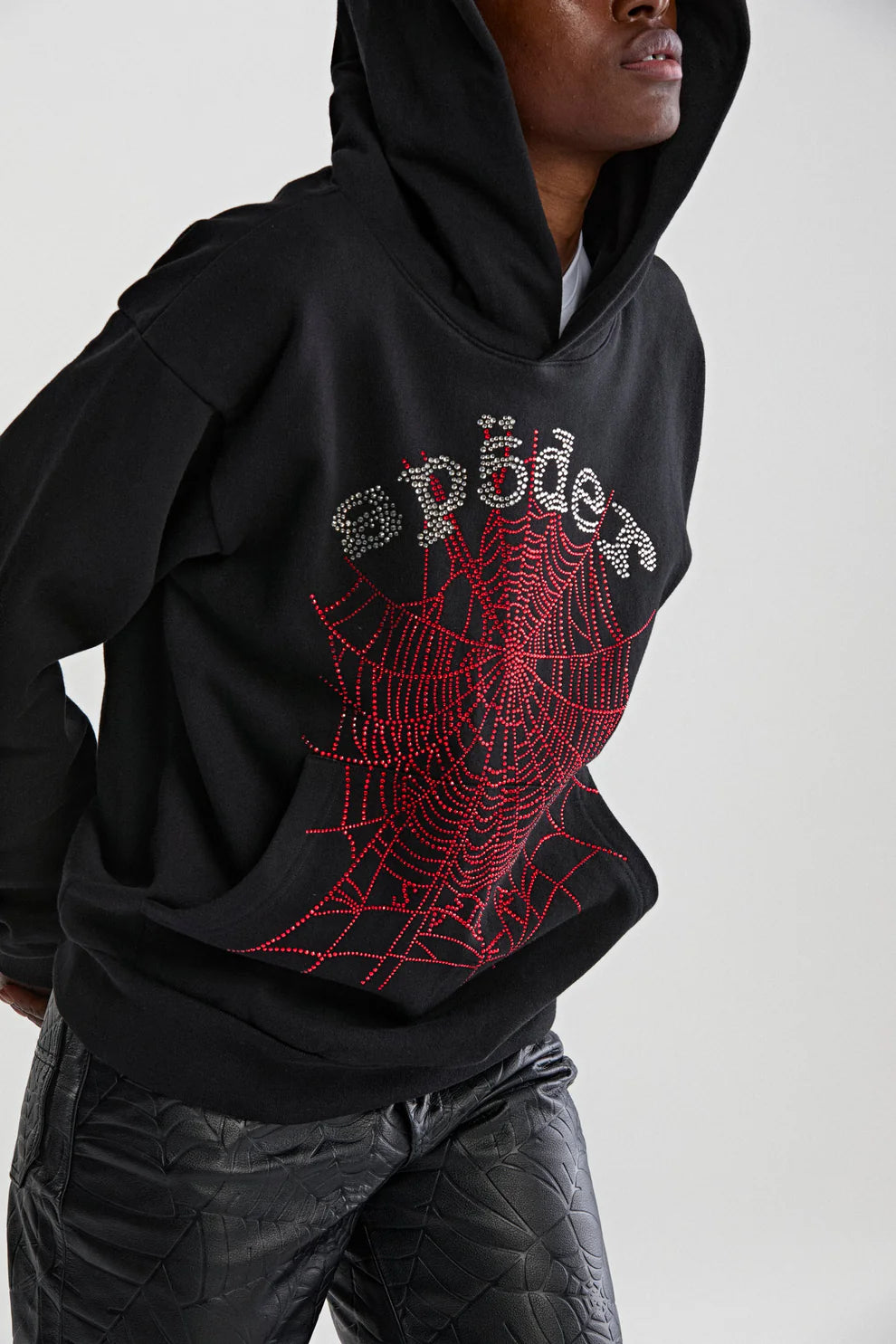 Sp5der OG Rhinestone Logo Hoodie Black/White